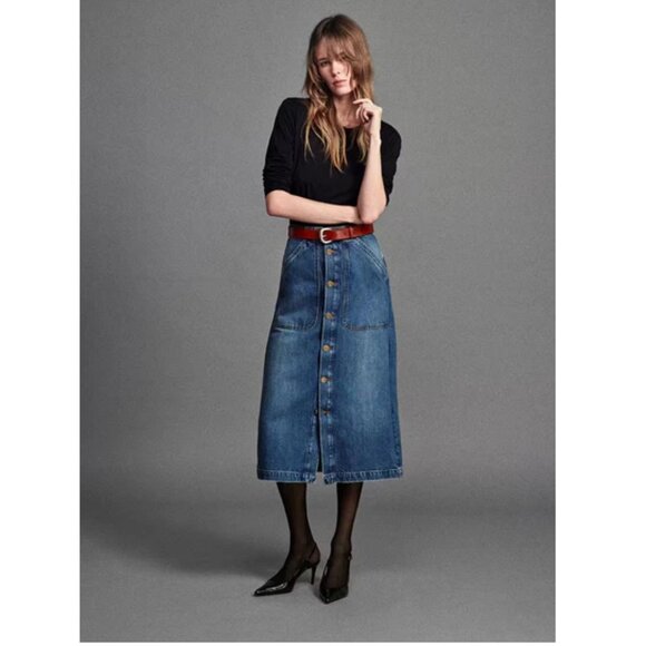 NWT Frame Modern Pocket Midi Denim Skirt Button Front - Picture 1 of 6